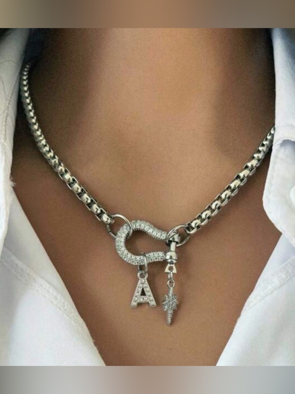 Western Horseshoe Necklace Silver Pave Letter Charm Chain Necklace Cowgirl